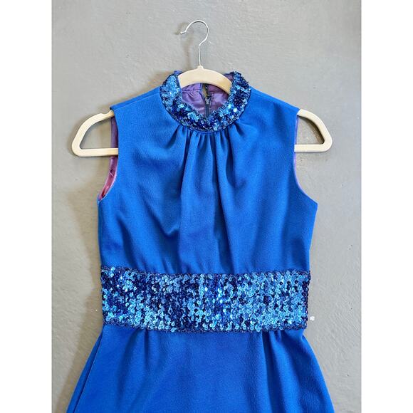 Vintage 70s Blue Maxi Dress Fitted Sleeveless Gown Dress Small Sequin Trim - Picture 3 of 11